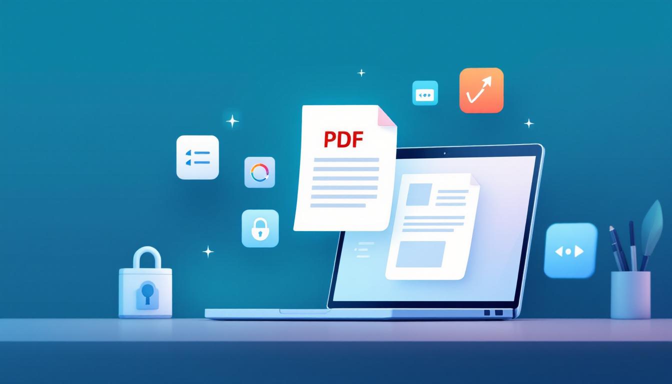 Minimalist workspace with a laptop displaying PDF tools surrounded by floating document icons on an indigo gradient background