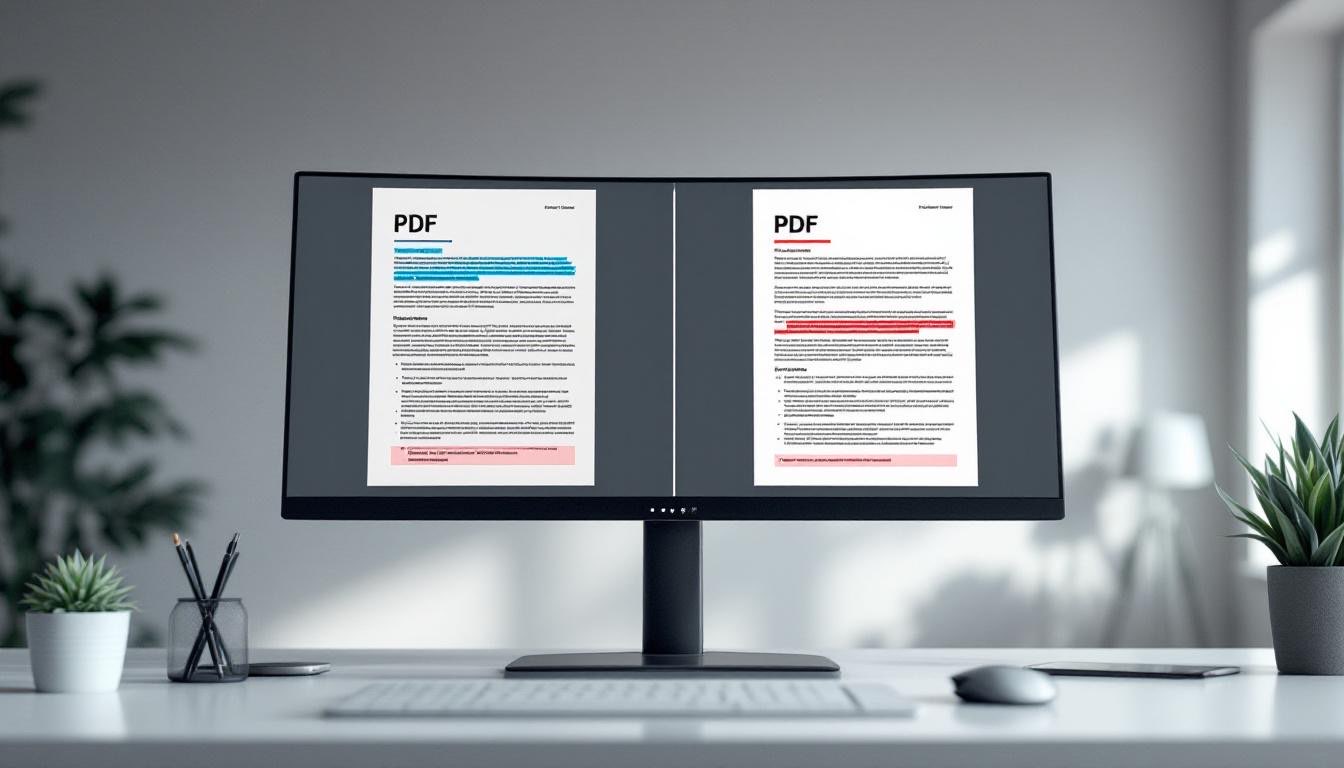モニター上に並べて表示された2つのPDFドキュメントと差分のハイライト