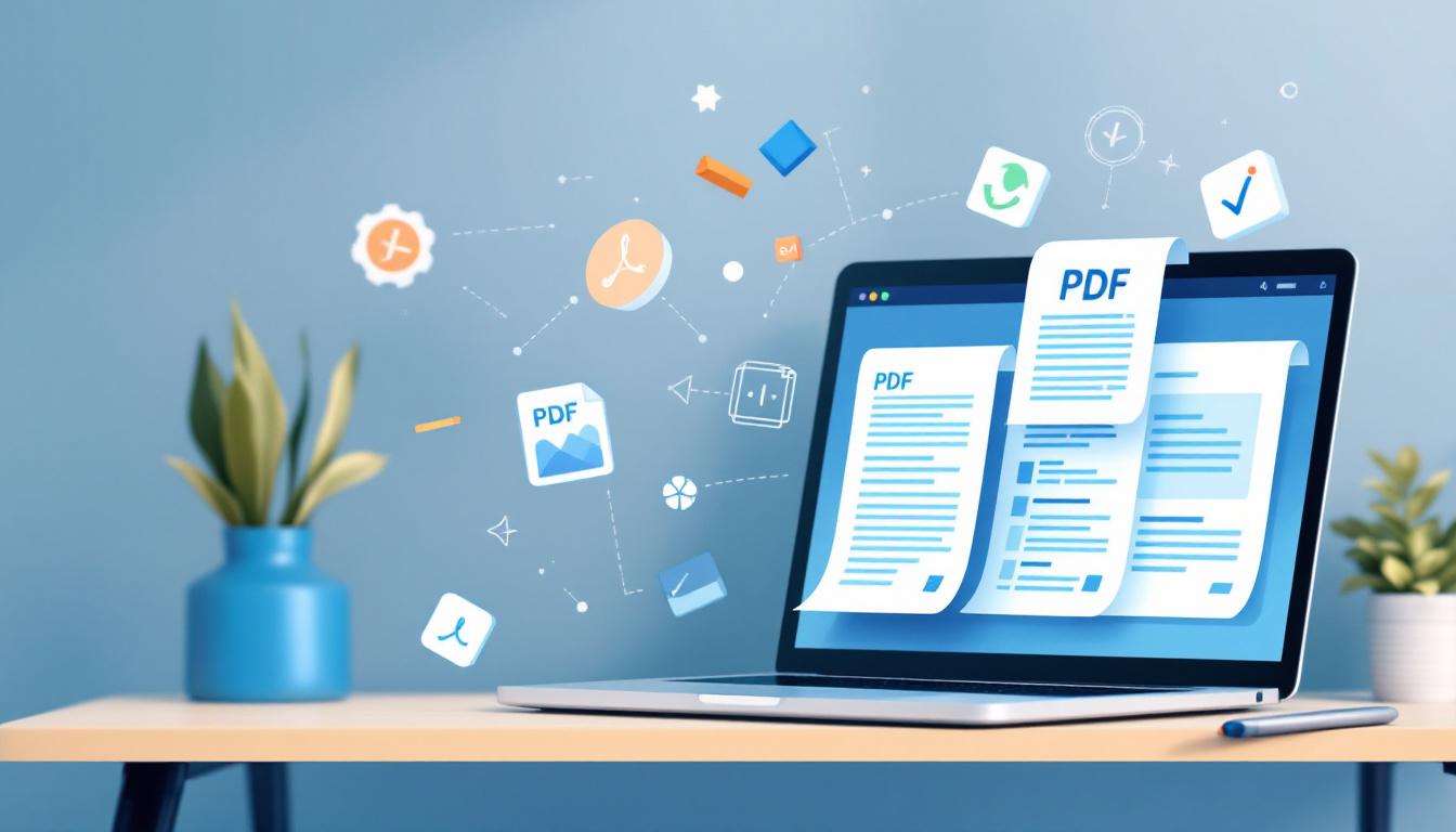 Modern workspace showing PDF tools being used in a browser, with abstract geometric shapes representing merge, compress, convert and sign operations